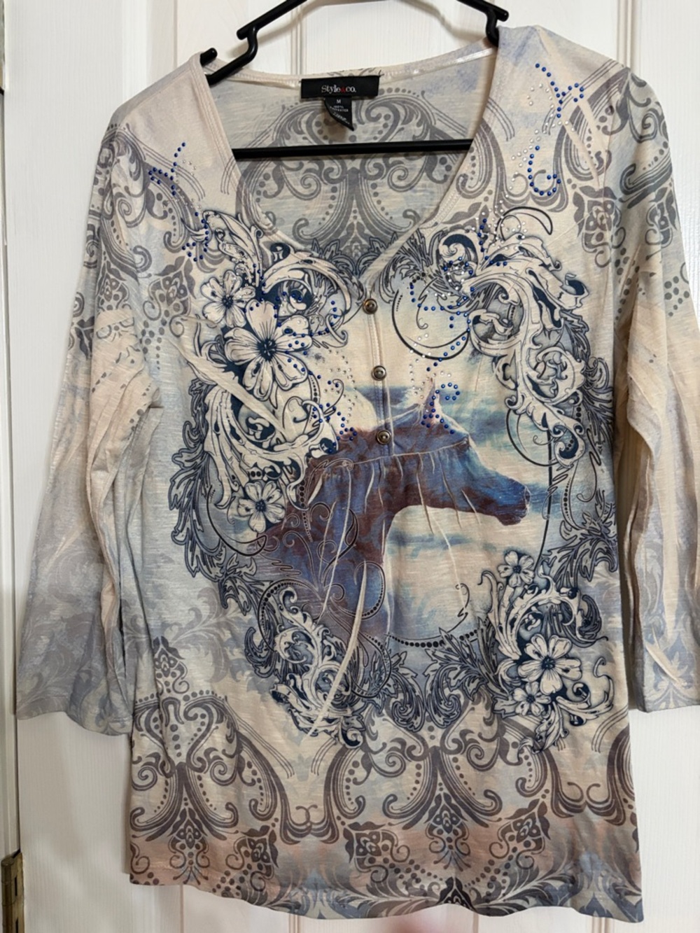 Style & Co. Beige and Blue Horse-Print Henley Long-Sleeve Top